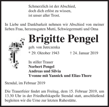 Traueranzeige von Brigitte Pengel (geb. von Jutrczenka)  von Magdeburger Volksstimme