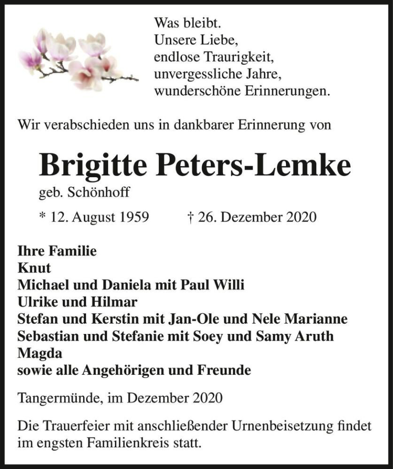  Traueranzeige für Brigitte Peters-Lemke (geb. Schönhoff)  vom 09.01.2021 aus Magdeburger Volksstimme