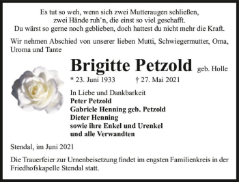 Traueranzeige von Brigitte Petzold (geb. Holle)  von Magdeburger Volksstimme