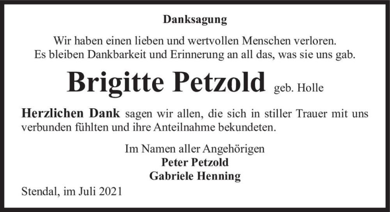  Traueranzeige für Brigitte Petzold (geb. Holle)  vom 01.07.2021 aus Magdeburger Volksstimme