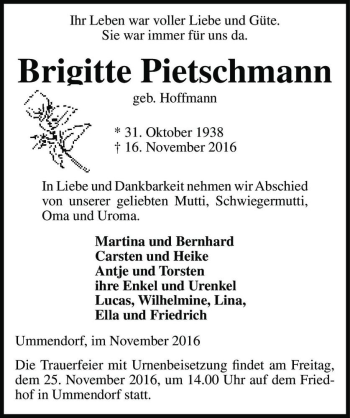 Traueranzeige von Brigitte Pietschmann (geb. Hoffmann)  von Magdeburger Volksstimme