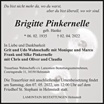 Traueranzeige von Brigitte Pinkernelle (geb. Hanke)  von Magdeburger Volksstimme