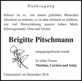 Traueranzeige von Brigitte Pitschmann  von Magdeburger Volksstimme