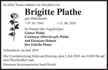Traueranzeige von Brigitte Plathe (geb. Haberhauffe)  von Magdeburger Volksstimme