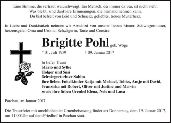 Traueranzeige von Brigitte Pohl (geb. Wöge)  von Magdeburger Volksstimme