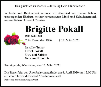 Traueranzeige von Brigitte Pokall (geb. Schlieter)  von Magdeburger Volksstimme