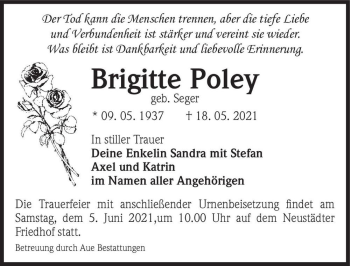 Traueranzeige von Brigitte Poley (geb. Seger)  von Magdeburger Volksstimme