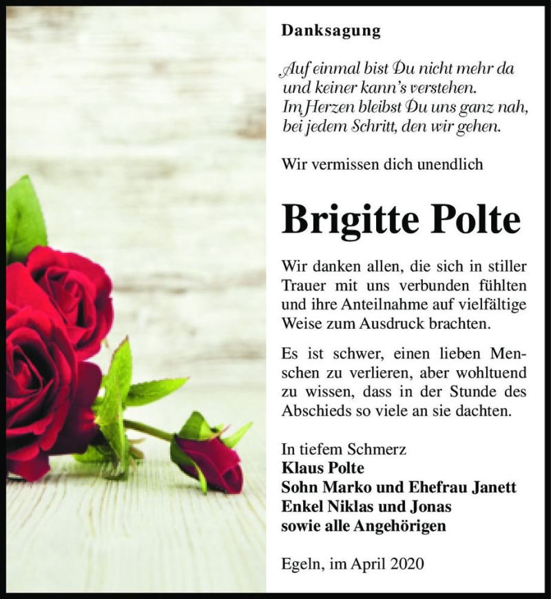  Traueranzeige für Brigitte Polte  vom 29.04.2020 aus Magdeburger Volksstimme