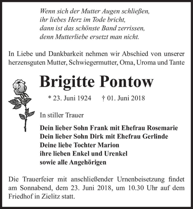  Traueranzeige für Brigitte Pontow  vom 16.06.2018 aus Magdeburger Volksstimme