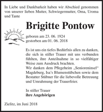 Traueranzeige von Brigitte Pontow  von Magdeburger Volksstimme