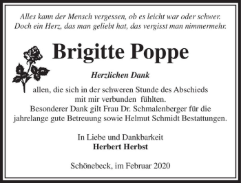 Traueranzeige von Brigitte Poppe  von Magdeburger Volksstimme