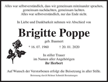 Traueranzeige von Brigitte Poppe (geb. Baumert)  von Magdeburger Volksstimme