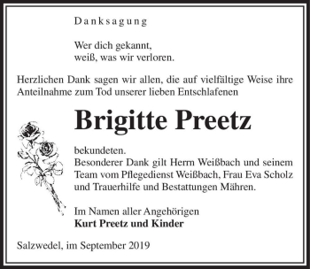 Traueranzeige von Brigitte Preetz  von Magdeburger Volksstimme