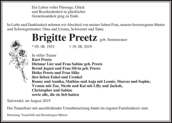 Traueranzeige von Brigitte Preetz (geb. Sommerauer)  von Magdeburger Volksstimme
