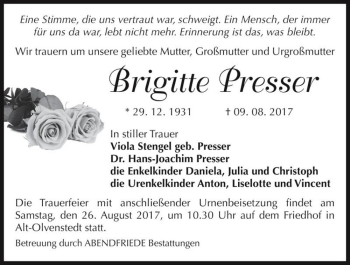 Traueranzeige von Brigitte Presser  von Magdeburger Volksstimme