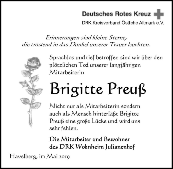Traueranzeige von Brigitte Preuß  von Magdeburger Volksstimme