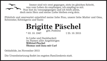 Traueranzeige von Brigitte Päschel (geb. Puthlitz)  von Magdeburger Volksstimme