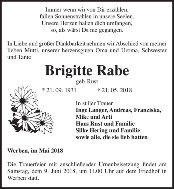 Traueranzeige von Brigitte Rabe (geb. Rust)  von Magdeburger Volksstimme