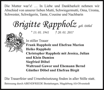 Traueranzeige von Brigitte Rappholz (geb. Döbel)  von Magdeburger Volksstimme