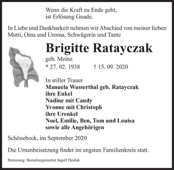 Traueranzeige von Brigitte Ratayczak (geb Meinz)  von Magdeburger Volksstimme