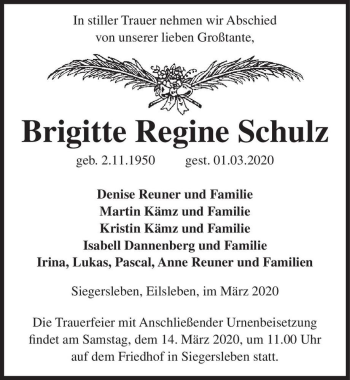 Traueranzeige von Brigitte Regine Schulz  von Magdeburger Volksstimme
