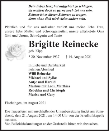 Traueranzeige von Brigitte Reinecke (geb. Kipp)  von Magdeburger Volksstimme