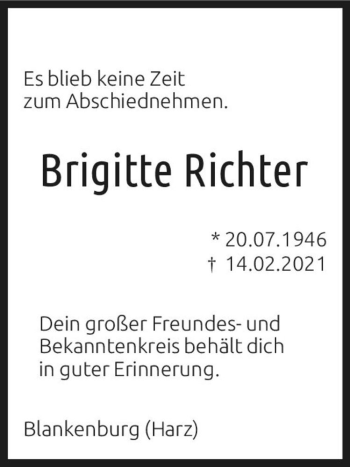 Traueranzeige von Brigitte Richter  von Magdeburger Volksstimme