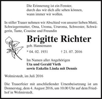 Traueranzeige von Brigitte Richter (geb. Hannemann)  von Magdeburger Volksstimme