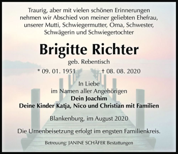 Traueranzeige von Brigitte Richter (geb. Rebentisch)  von Magdeburger Volksstimme