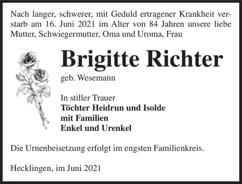  Traueranzeige für Brigitte Richter (geb. Wesemann)  vom 19.06.2021 aus Magdeburger Volksstimme