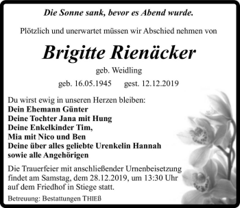 Traueranzeige von Brigitte Rienäcker (geb. Weidling)  von Magdeburger Volksstimme