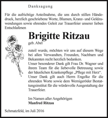 Traueranzeige von Brigitte Ritzau (geb. Abel)  von Magdeburger Volksstimme