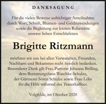 Traueranzeige von Brigitte Ritzmann  von Magdeburger Volksstimme