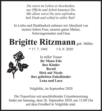 Traueranzeige von Brigitte Ritzmann (geb. Müller)  von Magdeburger Volksstimme