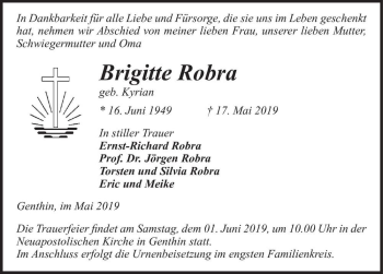 Traueranzeige von Brigitte Robra (geb. Kyrian)  von Magdeburger Volksstimme