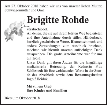 Traueranzeige von Brigitte Rohde  von Magdeburger Volksstimme