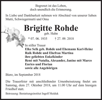 Traueranzeige von Brigitte Rohde (geb. Hahn)  von Magdeburger Volksstimme