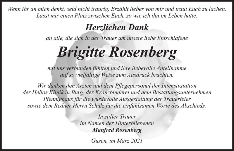  Traueranzeige für Brigitte Rosenberg  vom 20.03.2021 aus Magdeburger Volksstimme
