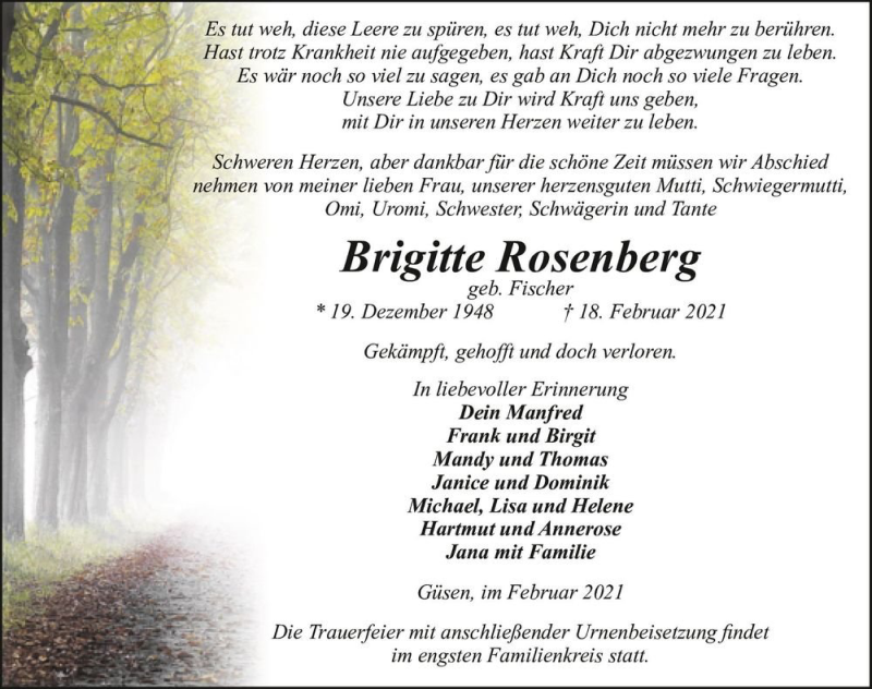  Traueranzeige für Brigitte Rosenberg (geb. Fischer)  vom 06.03.2021 aus Magdeburger Volksstimme
