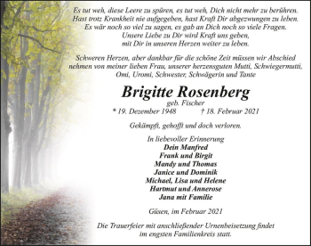 Traueranzeige von Brigitte Rosenberg (geb. Fischer)  von Magdeburger Volksstimme