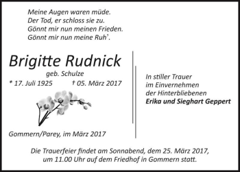 Traueranzeige von Brigitte Rudnick (geb. Schulze)  von Magdeburger Volksstimme