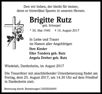 Traueranzeige von Brigitte Rutz (geb. Schnepel)  von Magdeburger Volksstimme