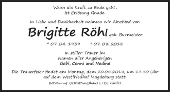 Traueranzeige von Brigitte Röhl (geb. Burmeister)  von Magdeburger Volksstimme