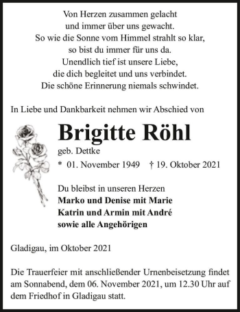 Traueranzeige von Brigitte Röhl (geb. Dettke)  von Magdeburger Volksstimme