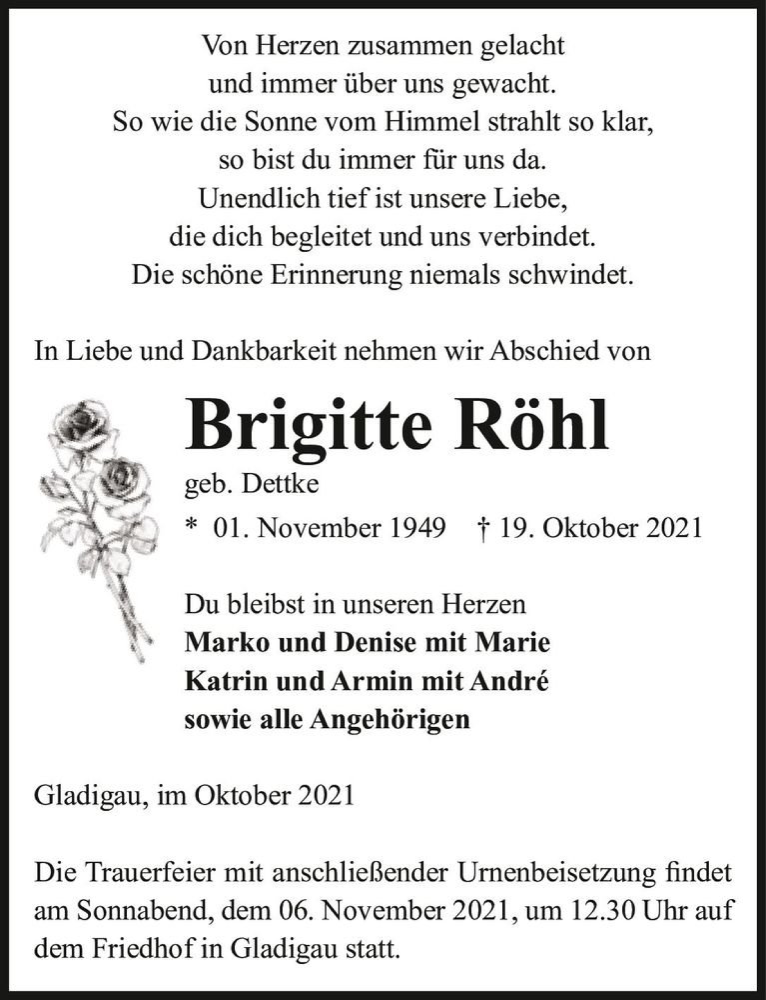  Traueranzeige für Brigitte Röhl (geb. Dettke)  vom 23.10.2021 aus Magdeburger Volksstimme