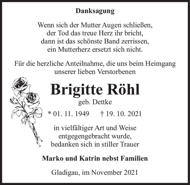  Traueranzeige für Brigitte Röhl (geb. Dettke)  vom 13.11.2021 aus Magdeburger Volksstimme