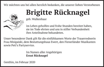 Traueranzeige von Brigitte Rücknagel (geb. Wulkenhaar)  von Magdeburger Volksstimme