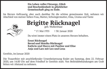 Traueranzeige von Brigitte Rücknagel (geb. Wulkenhaar)  von Magdeburger Volksstimme