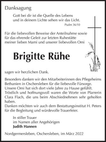Traueranzeige von Brigitte Rühe  von Magdeburger Volksstimme