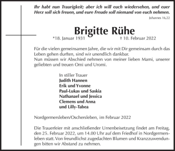 Traueranzeige von Brigitte Rühe  von Magdeburger Volksstimme